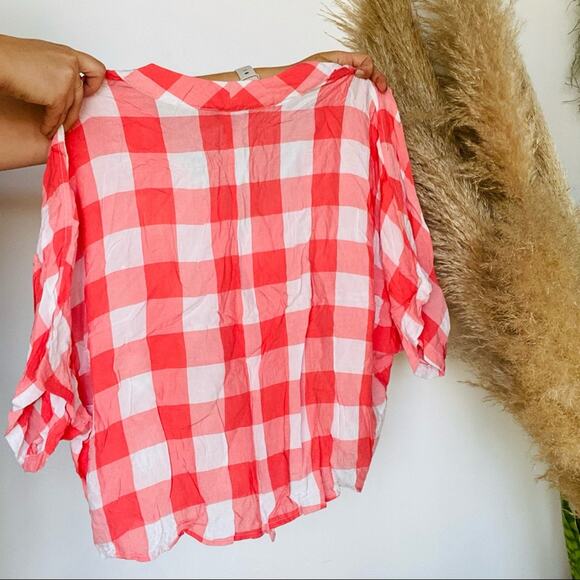 EXPRESS Pink Salmon White Checkered Picnic Button Tie Front Blouse Shirt Top S - Picture 6 of 7